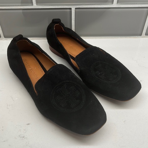 Tory Burch Shoes - Tory Burch Black Suede Logo Slip-On Loafers